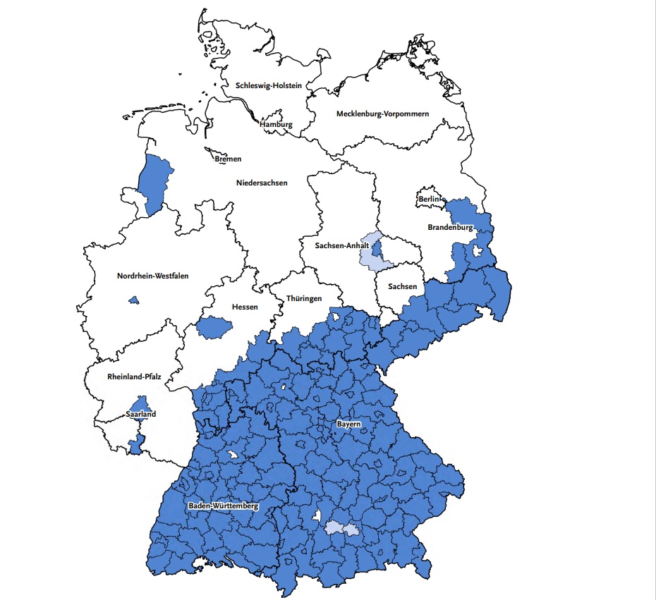 Kaart Duitsland met in blauw aangegeven waar FSME heerst. bron: Robert Koch Institute 2-3-2023